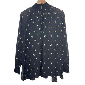 CABI | Black Sheer Long Sleeve Embroidered Mock Neck Floral Blouse | Size S